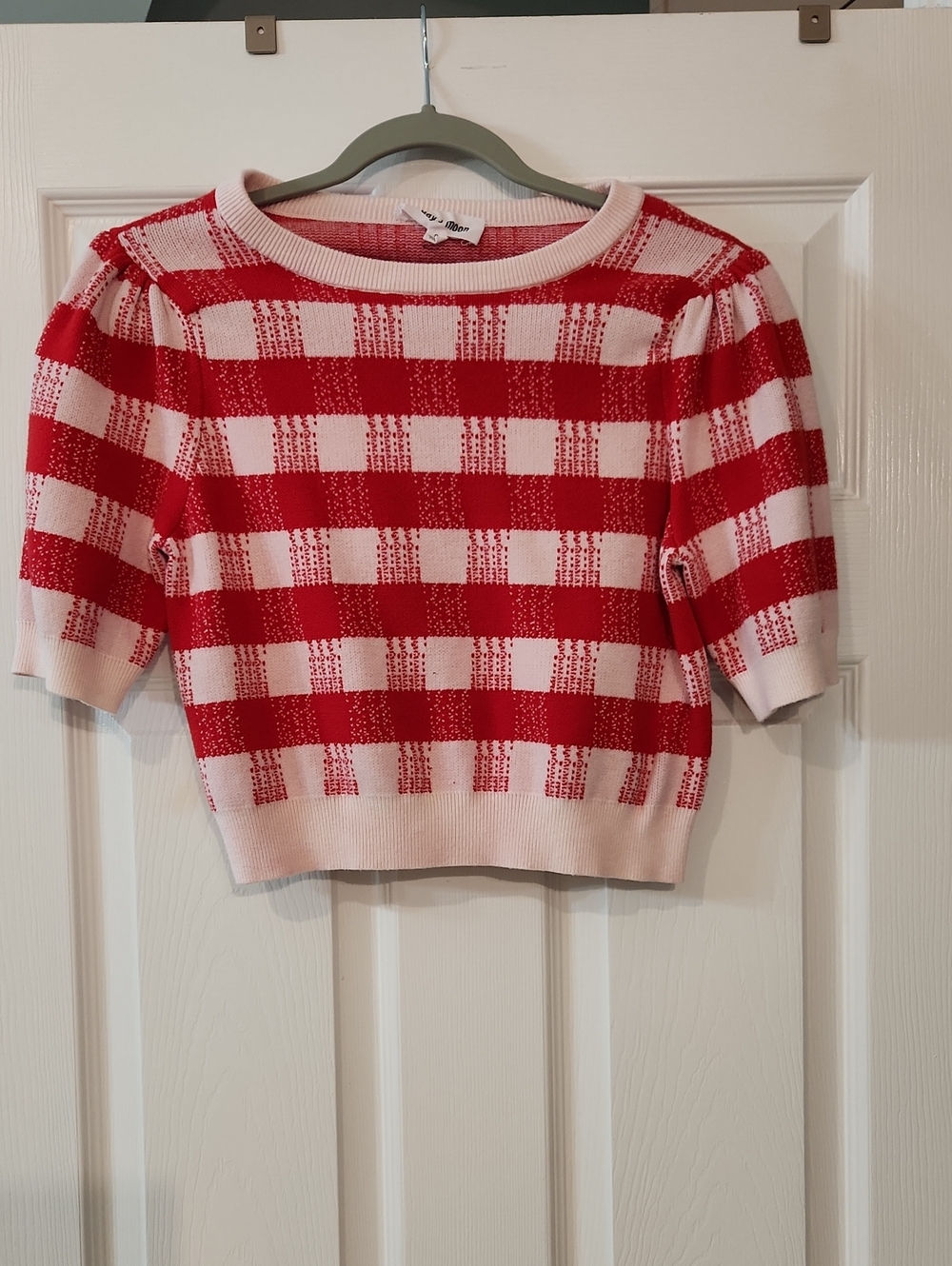 Red and Pink Checkered Cropped Knit Top